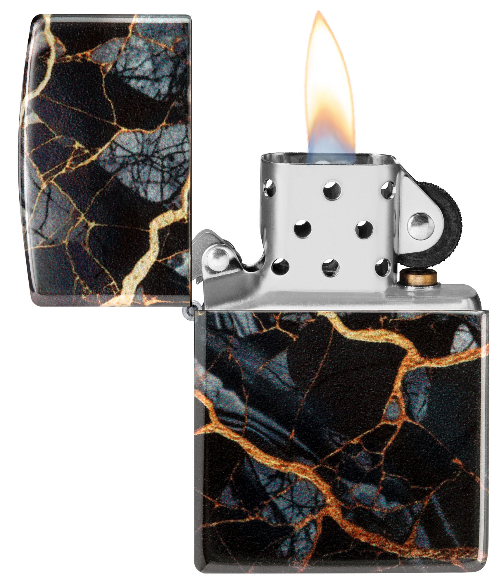 Zippo Fusion Marble Design 540 Tumbled Chrome Windproof Lighter with its lid open and lit.