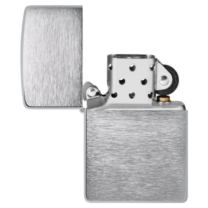 Armor® Brushed Chrome Windproof Lighter with its lid open and unlit.