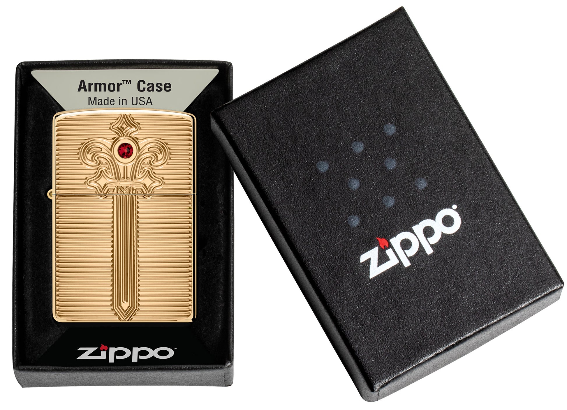 Zippo Royal Saber Design ArmorÂ® High Polish Brass Windproof Lighter in its packaging.