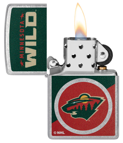 Zippo NHL® Minnesota Wild® 2024 Street Chrome™ Windproof Lighter with its lid open and unlit.