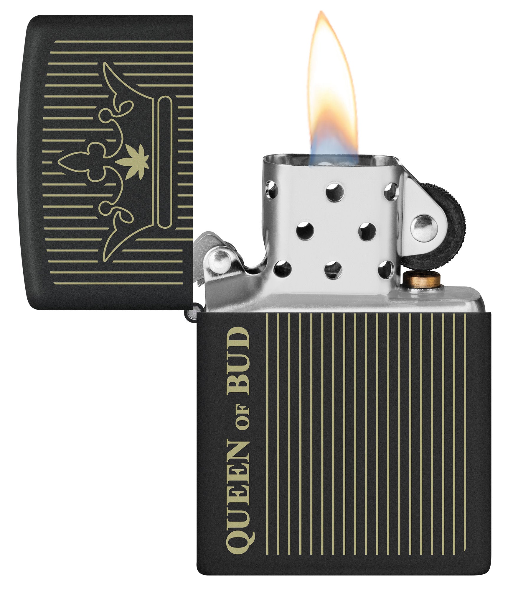 Zippo Queen Of Bud Line Design Black Matte Windproof Lighter with its lid open and lit.