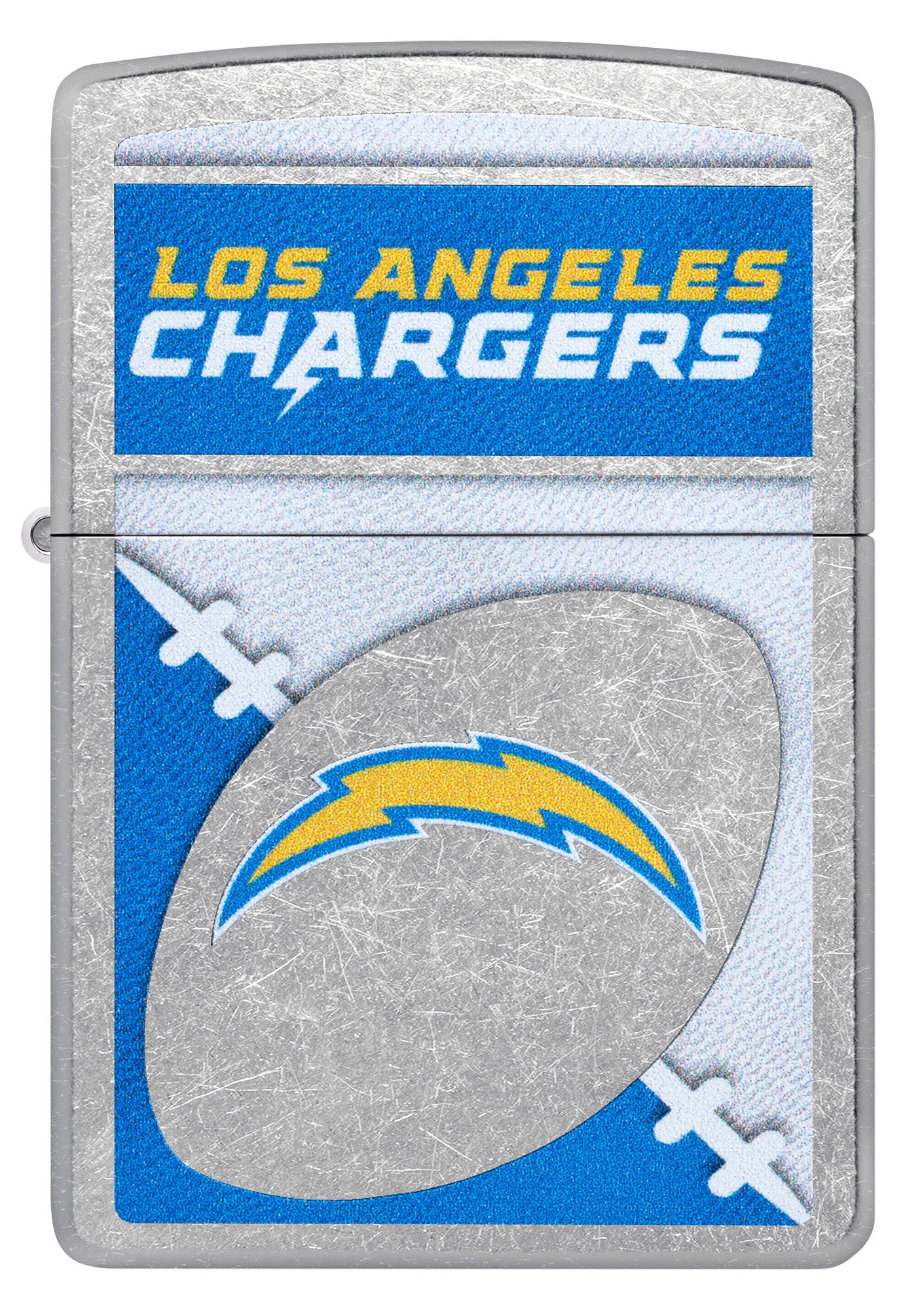 Front view of Zippo NFL Los Angeles Chargers Street Chrome Windproof Lighter.