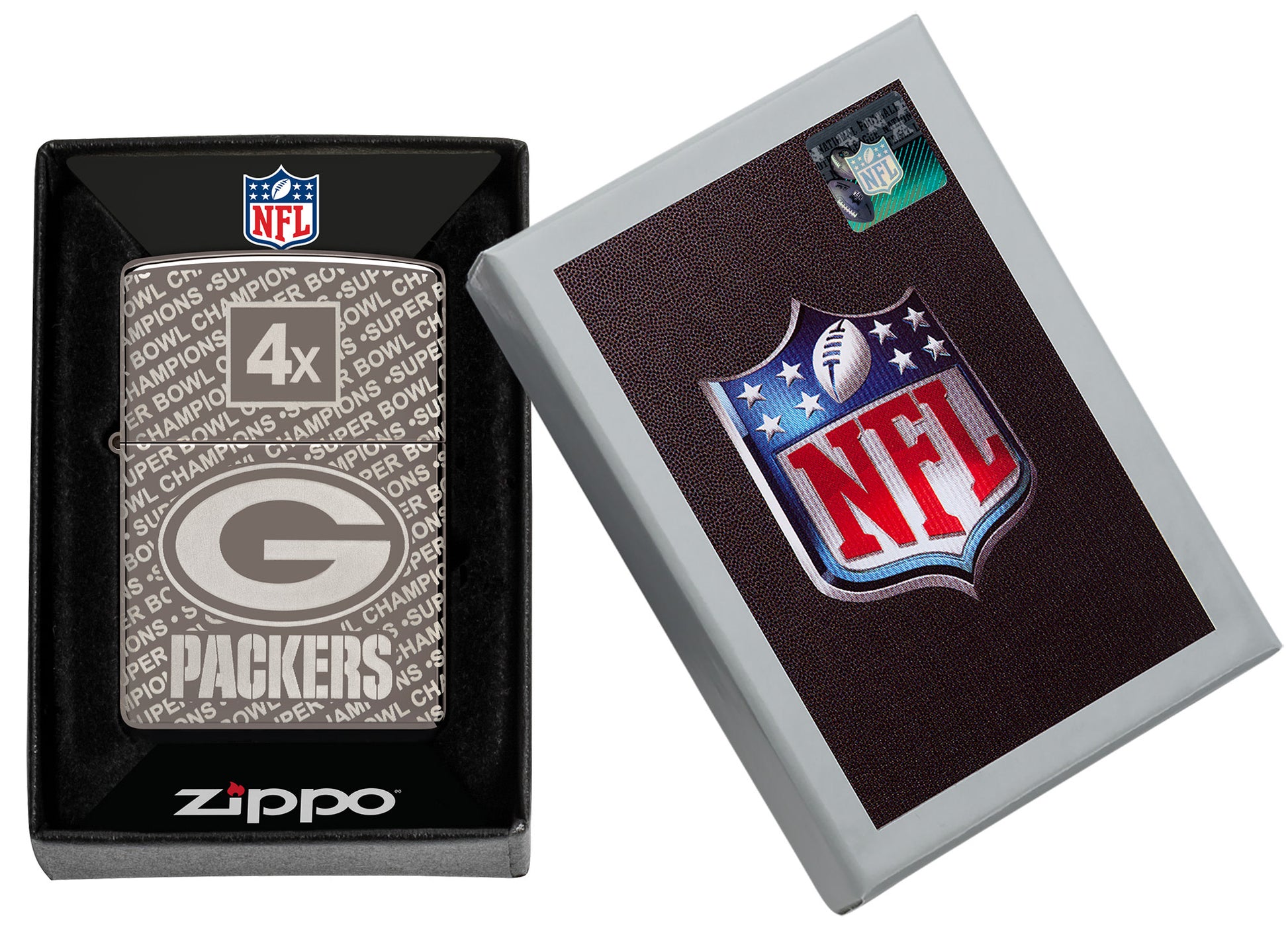 Zippo NFL Green Bay Packers Super Bowl Commemorative Armor Black Ice Windproof Lighter in its packaging.