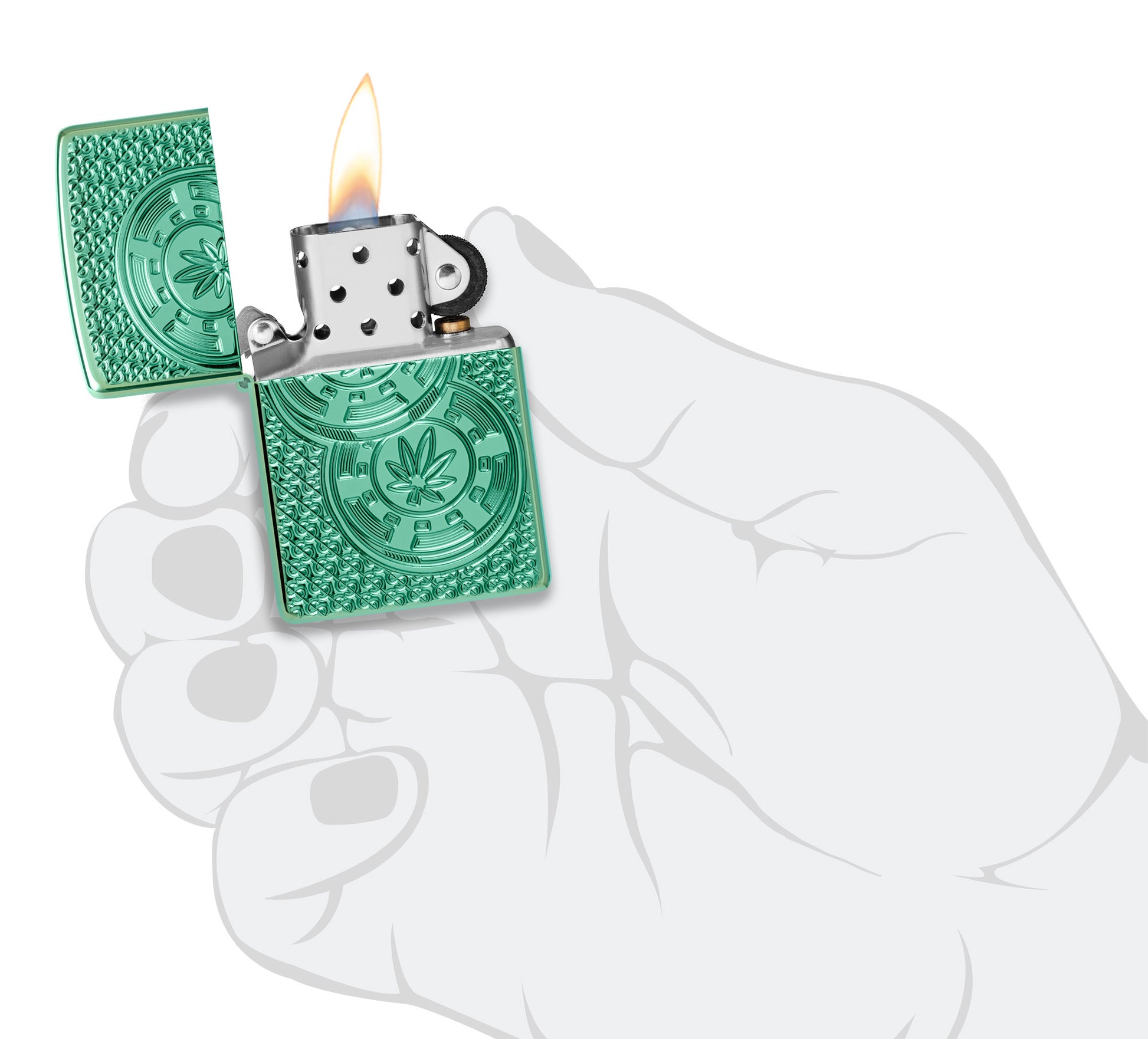 Zippo Cannabis Chips Design Armor High Polish Green Windproof Lighter lit in hand.