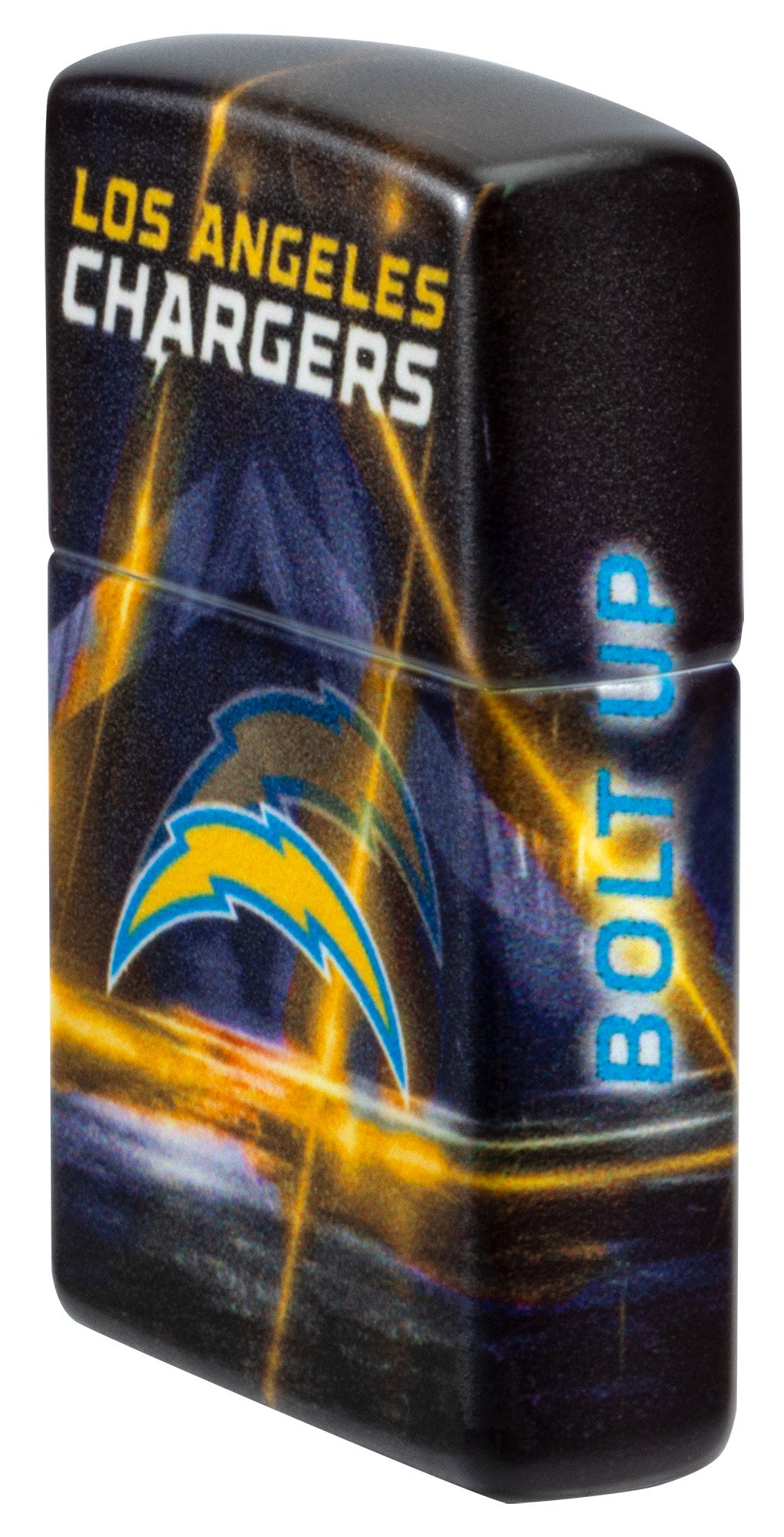 Angled shot of Zippo NFL Los Angeles Chargers 540 Matte Windproof Lighter showing the front and right sides of the lighter.