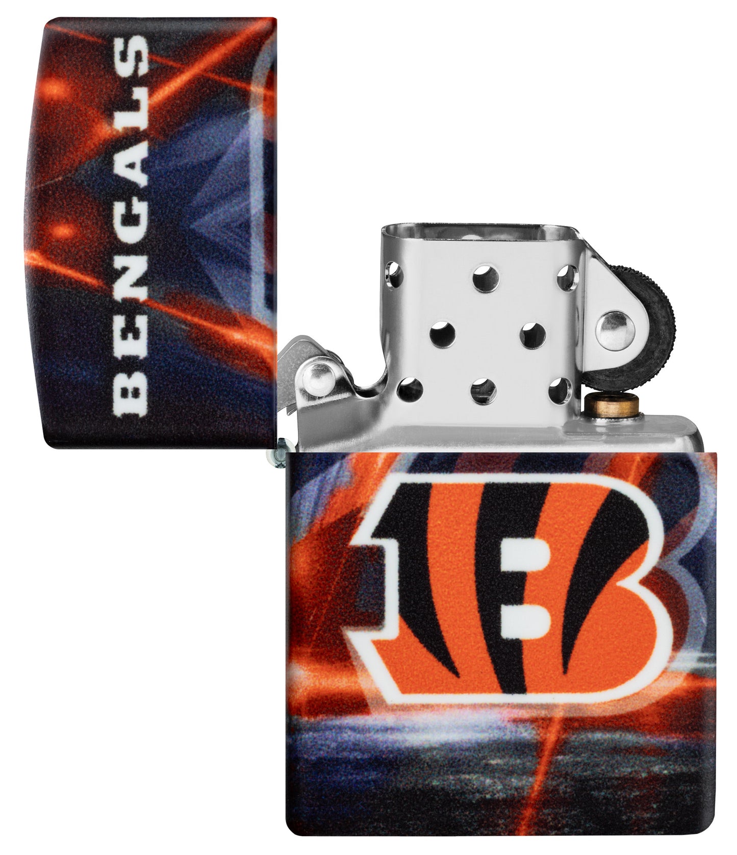 Zippo NFL Cincinnati Bengals 540 Matte Windproof Lighter with its lid open and unlit.