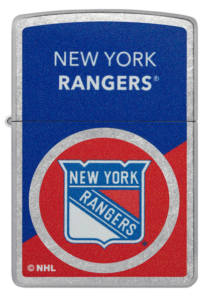 Zippo NHL® New York Rangers® 2024 Street Chrome™ Windproof Lighter with its lid open and lit.