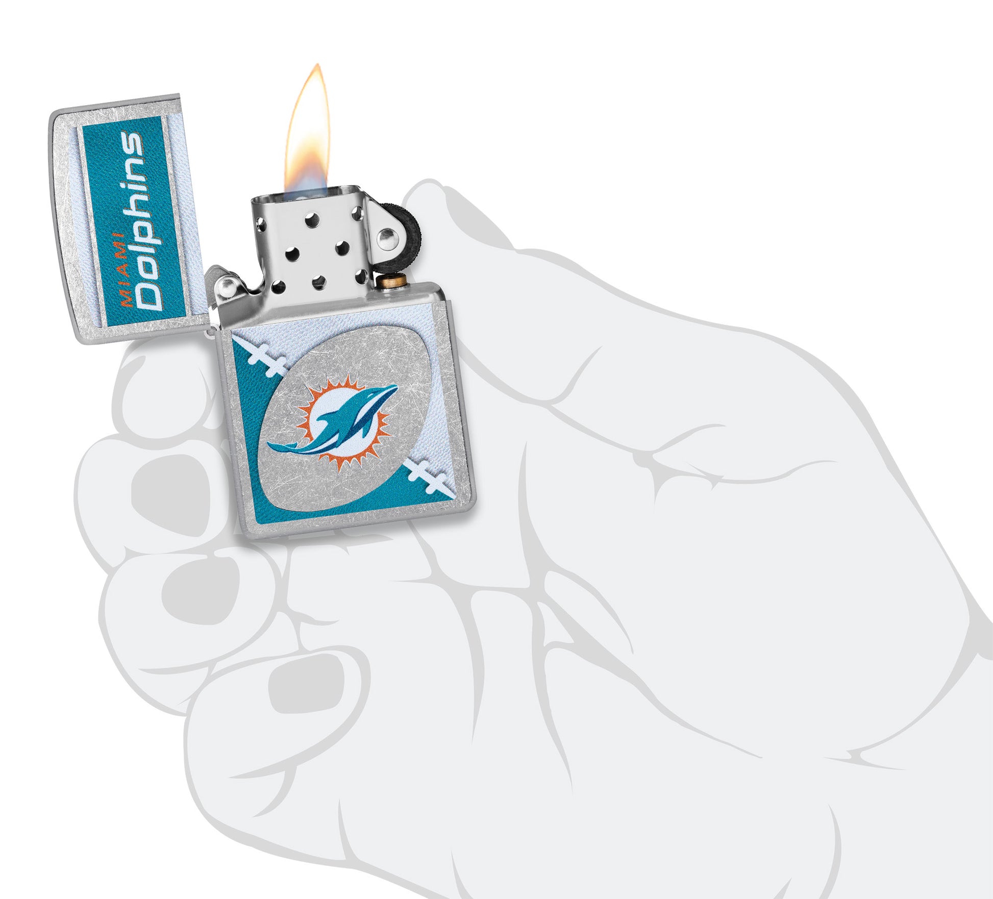 Zippo NFL Miami Dolphins Street Chrome Windproof Lighter lit in hand.