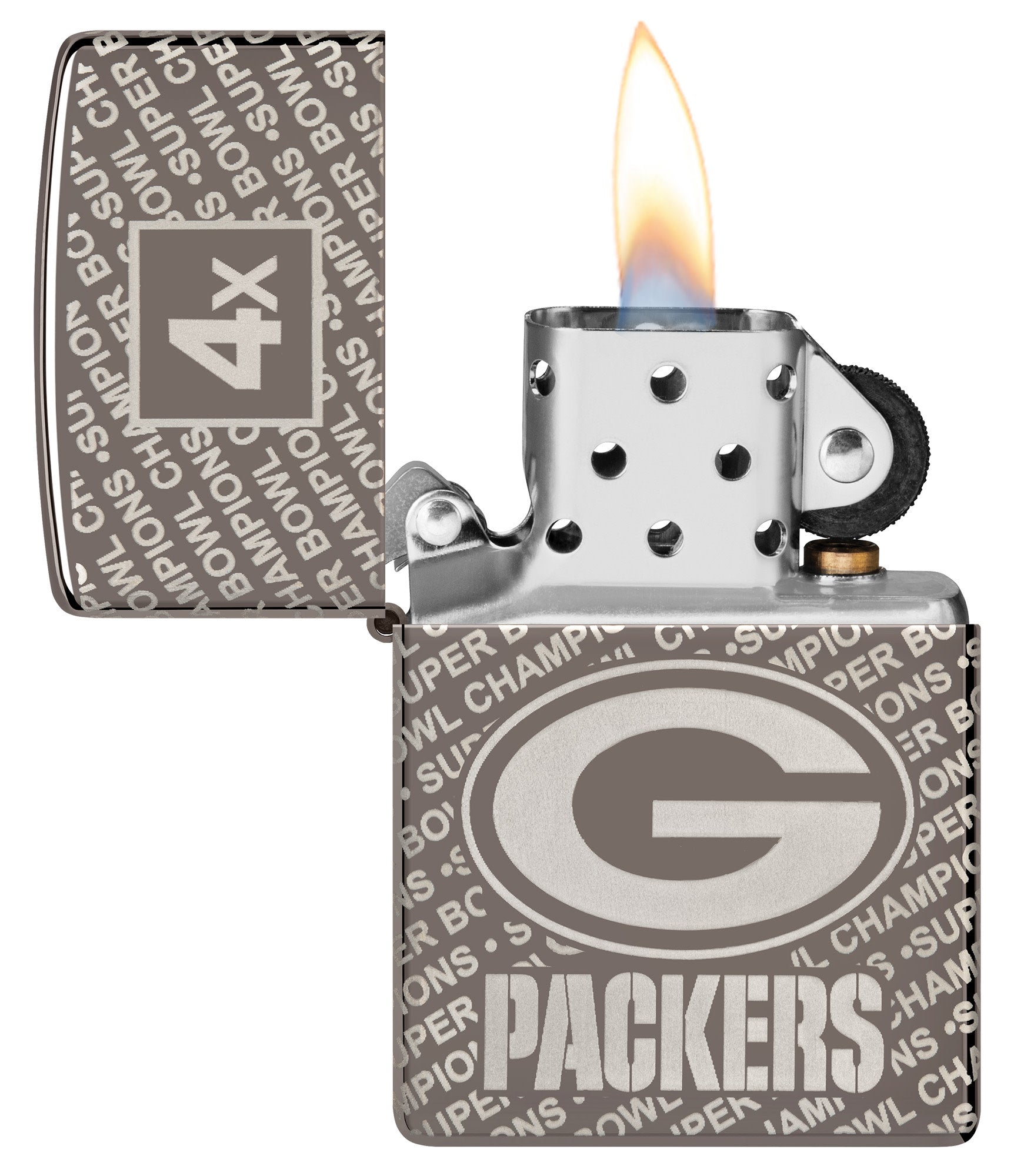 Zippo NFL Green Bay Packers Super Bowl Commemorative Armor Black Ice Windproof Lighter with its lid open and lit.