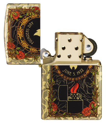 Zippo 2025 Founder's Day Collectible 540 Tumbled Brass Windproof Lighter with its lid open and unlit.