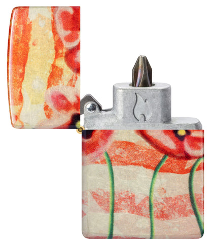 Zippo American Poppie Design 540 Fusion Windproof Lighter with its lid open with bit safe insert.