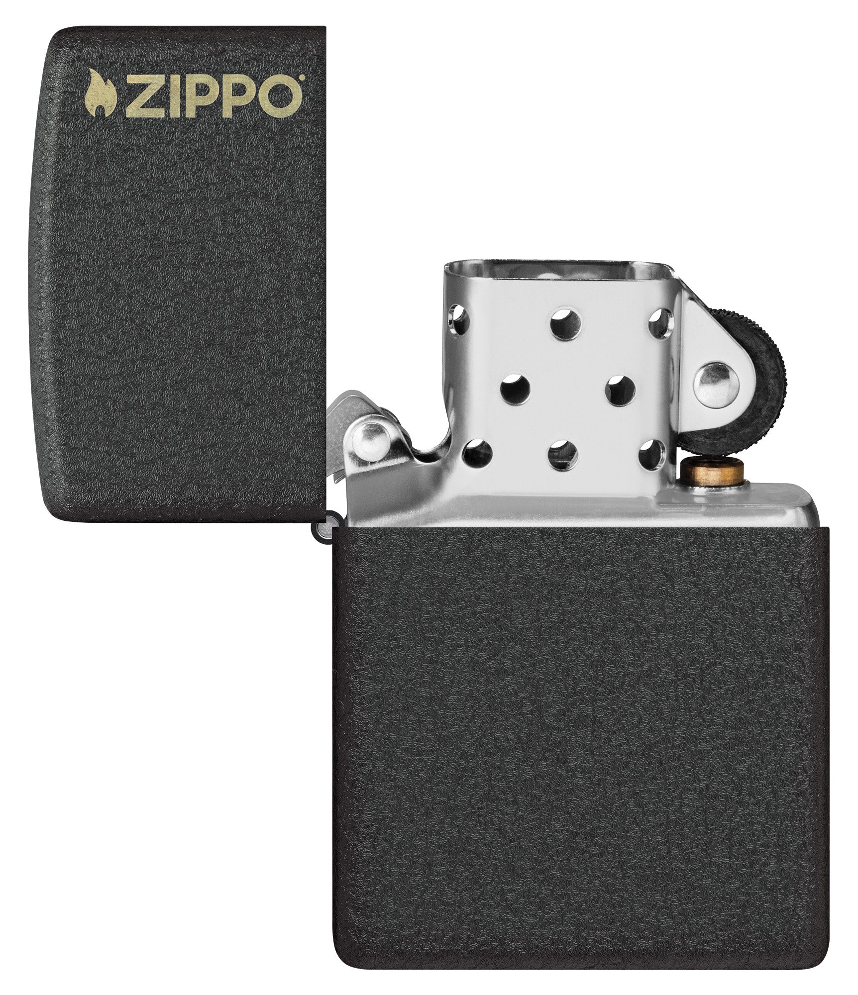 Zippo Classic Black Crackle® Zippo Logo Windproof Lighter with its lid open and unlit.