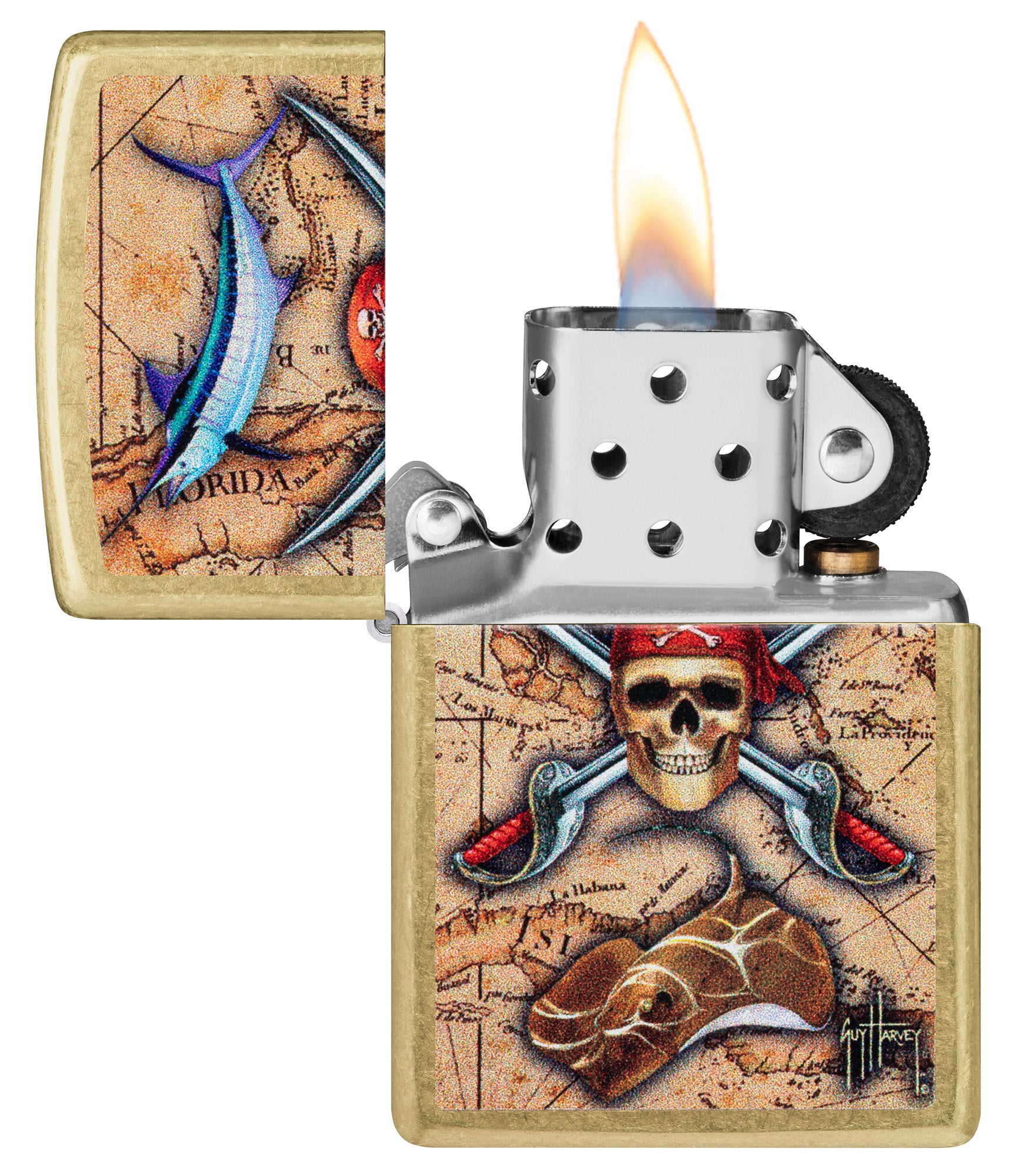 Zippo Guy Harvey Regular Street Brass Windproof Lighter with its lid open and lit.