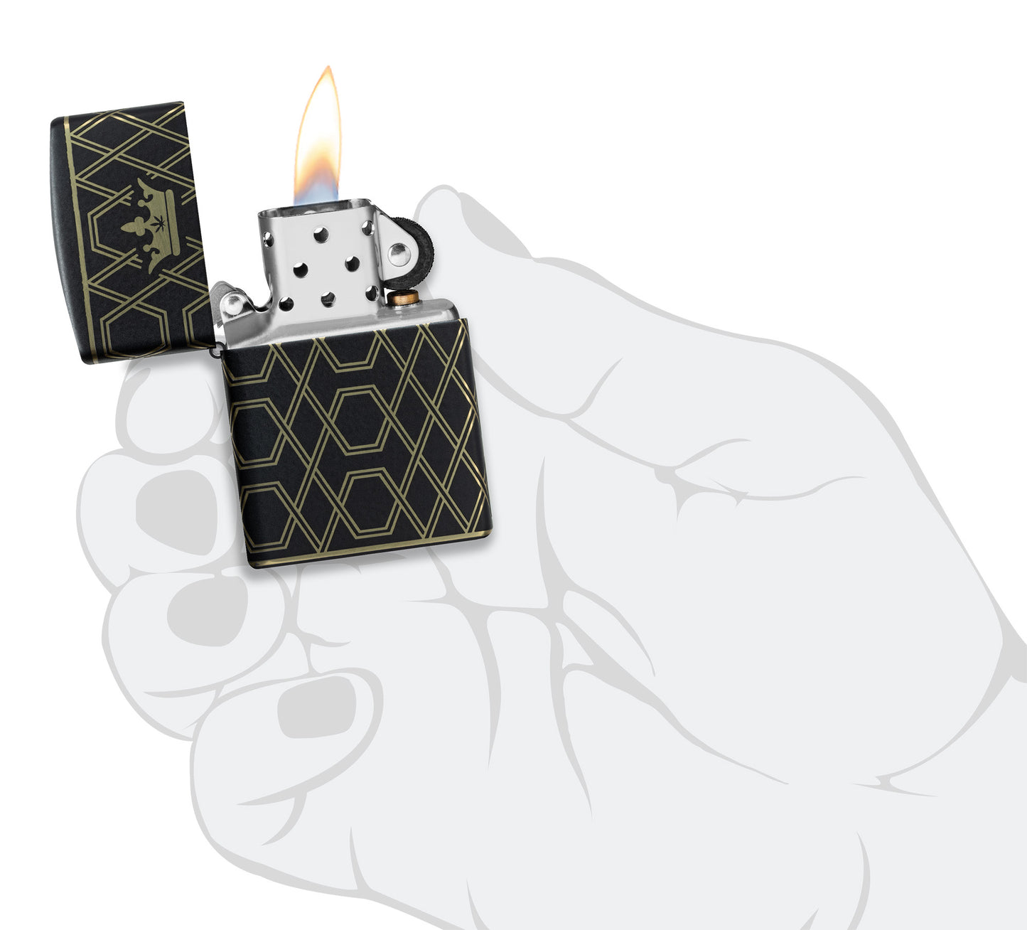 Zippo Queen Of Bud Geometric Design Black Matte Windproof Lighter lit in hand.