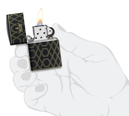 Zippo Queen Of Bud Geometric Design Black Matte Windproof Lighter lit in hand.