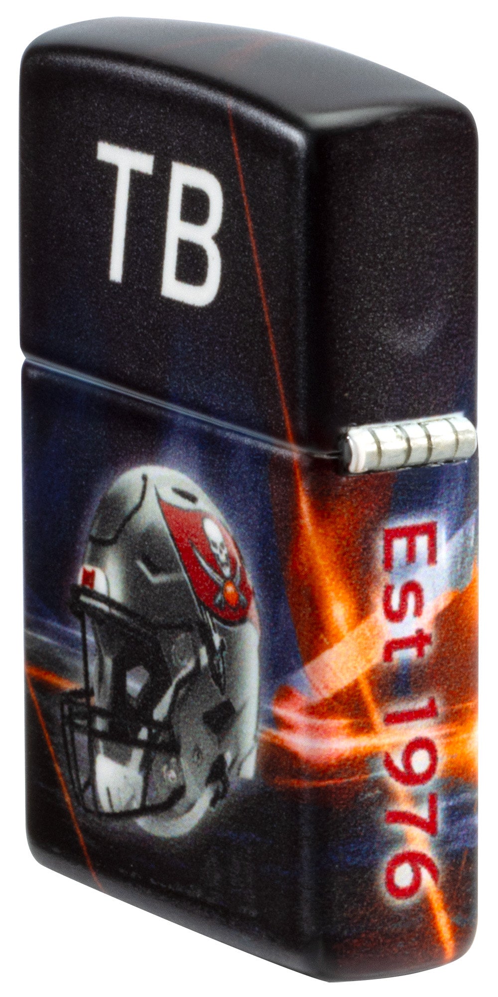 Angled shot of Zippo NFL Tampa Bay Buccaneers 540 Matte Windproof Lighter showing the back and hinge sides of the lighter.