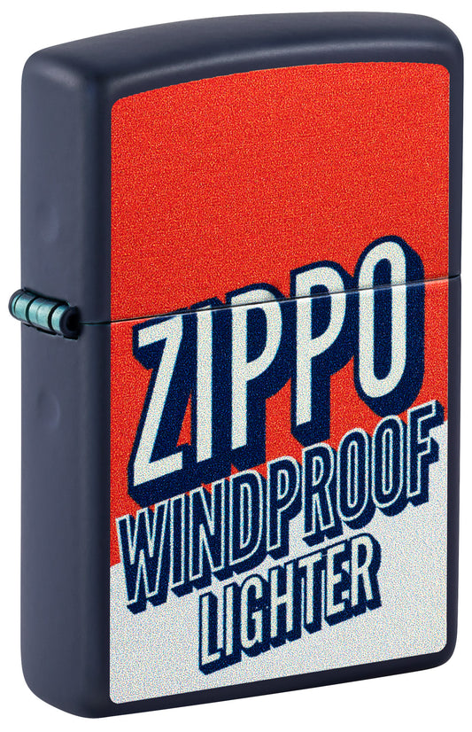 Front shot of Zippo Color Block Zippo Design Navy Matte Windproof Lighter standing at a 3/4 angle.