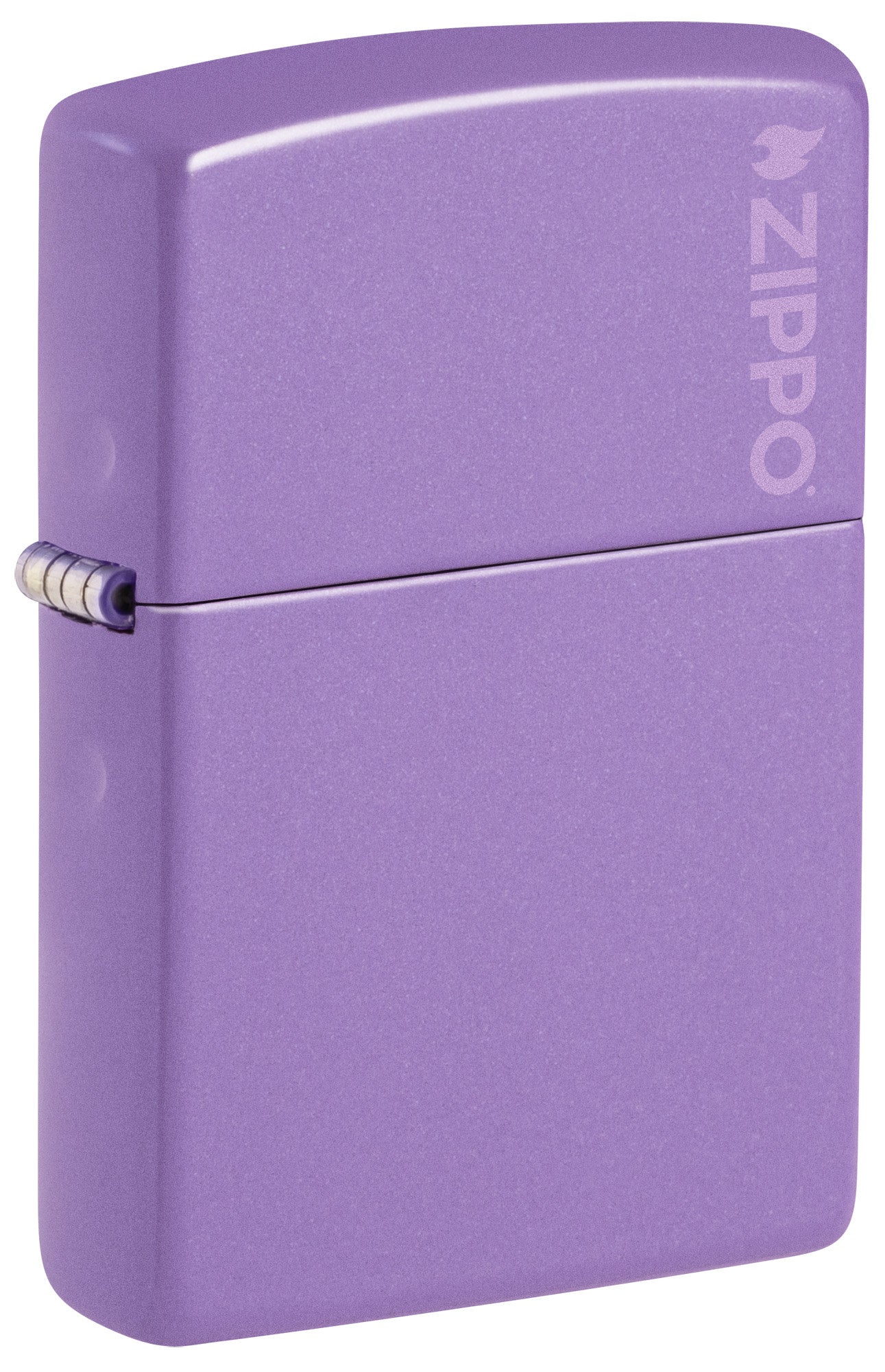 Front shot of Zippo Classic Smoky Lavender Zippo Logo Windproof Lighter standing at a 3/4 angle.