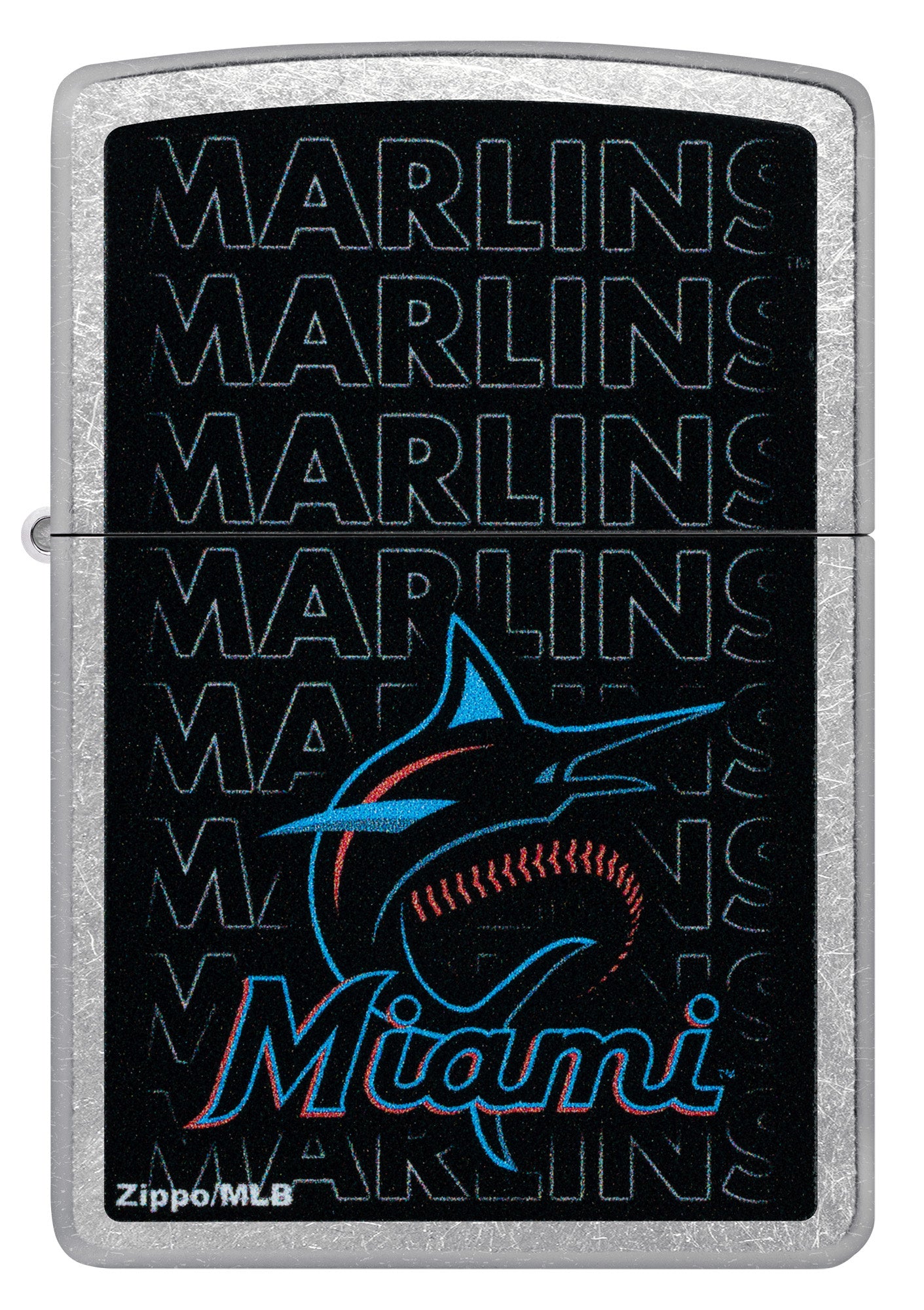 Front view of Zippo MLB® Miami Marlins Street Chrome Windproof Lighter.