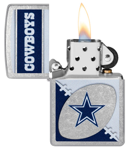 Zippo NFL Dallas Cowboys Street Chrome Windproof Lighter with its lid open and lit.