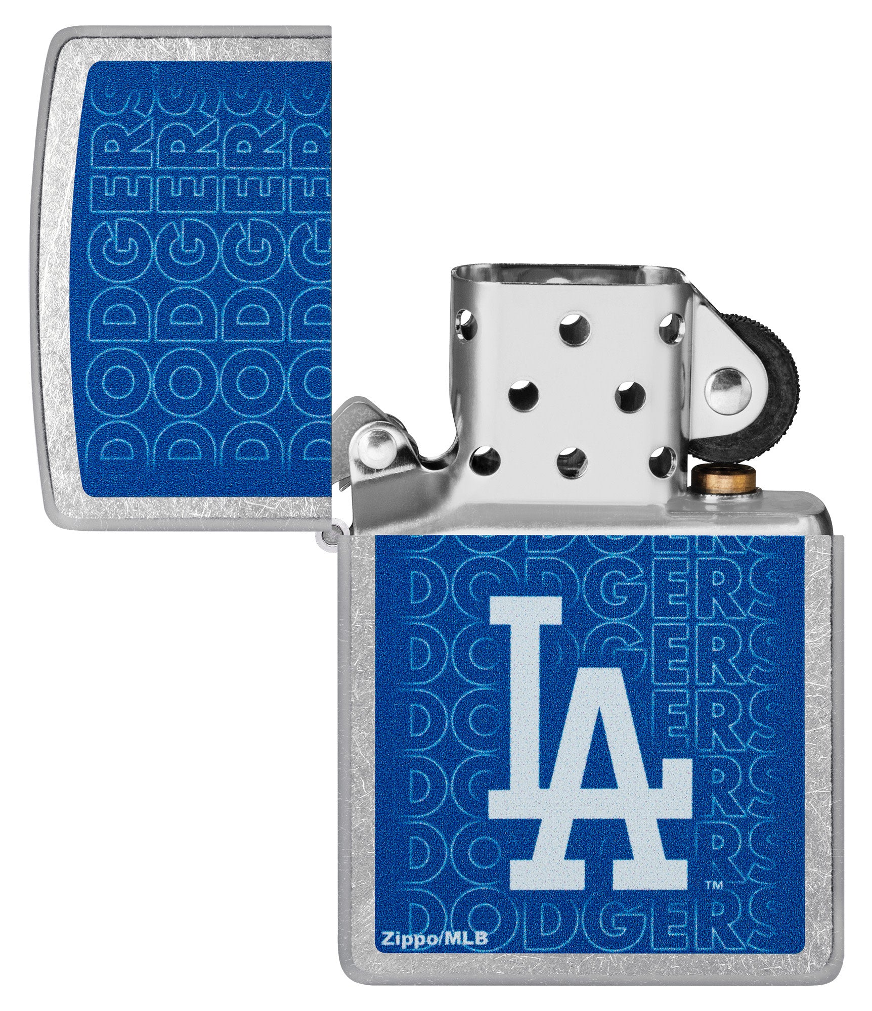 Zippo MLB® Los Angeles Dodgers Street Chrome Windproof Lighter with its lid open and unlit.