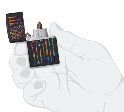 Zippo Tie-Dye Tools Bit Safe Design Windproof Lighter open in hand. 