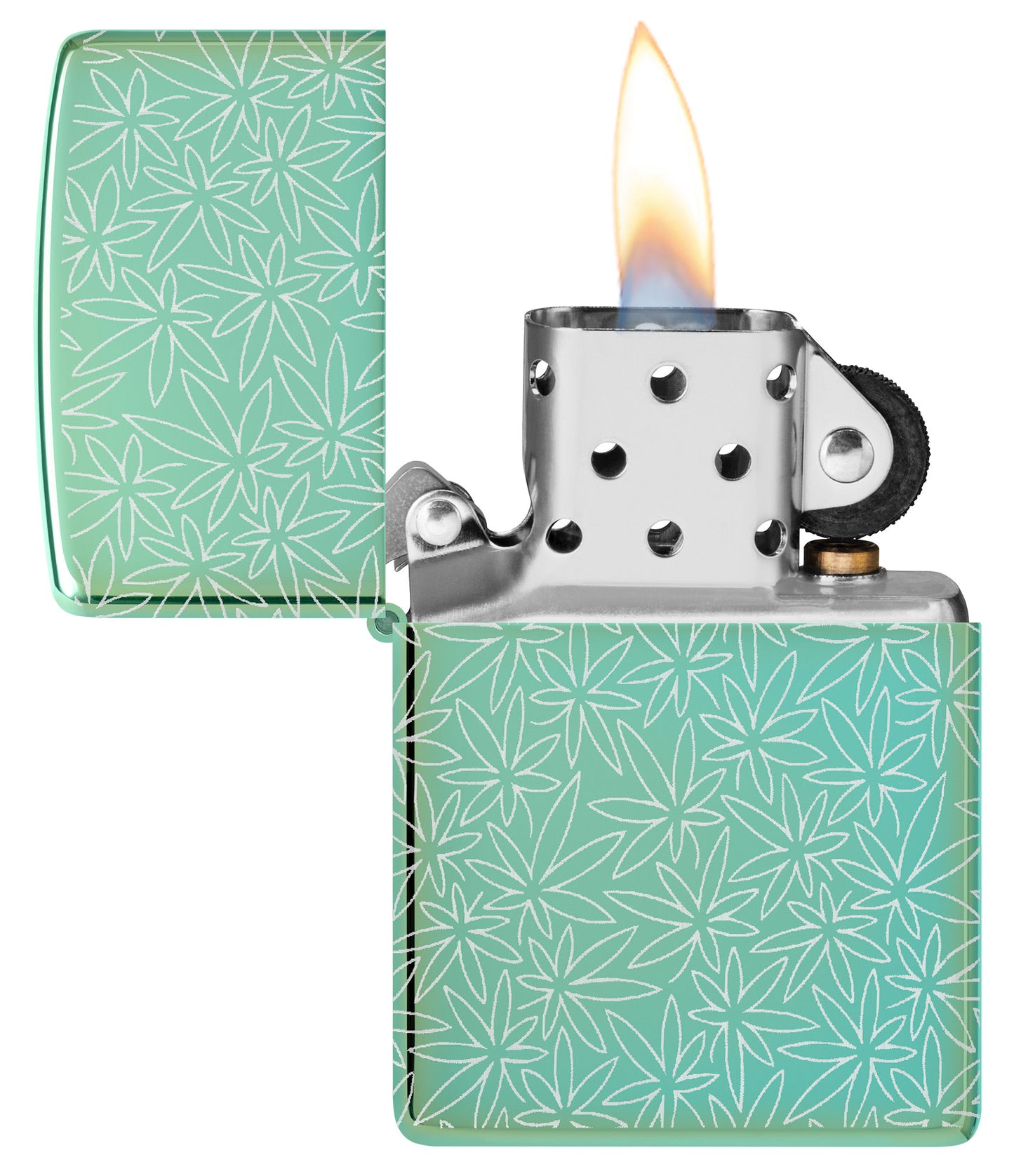 Zippo Atomic Cannabis Design High Polish Green Windproof Lighter with its lid open and lit.