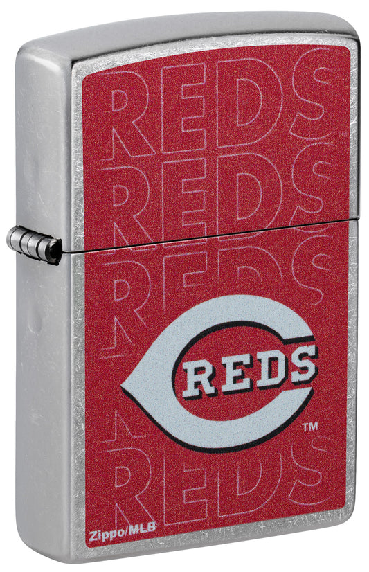 Front shot of Zippo MLB® Cincinnati Reds Street Chrome Windproof Lighter standing at a 3/4 angle.