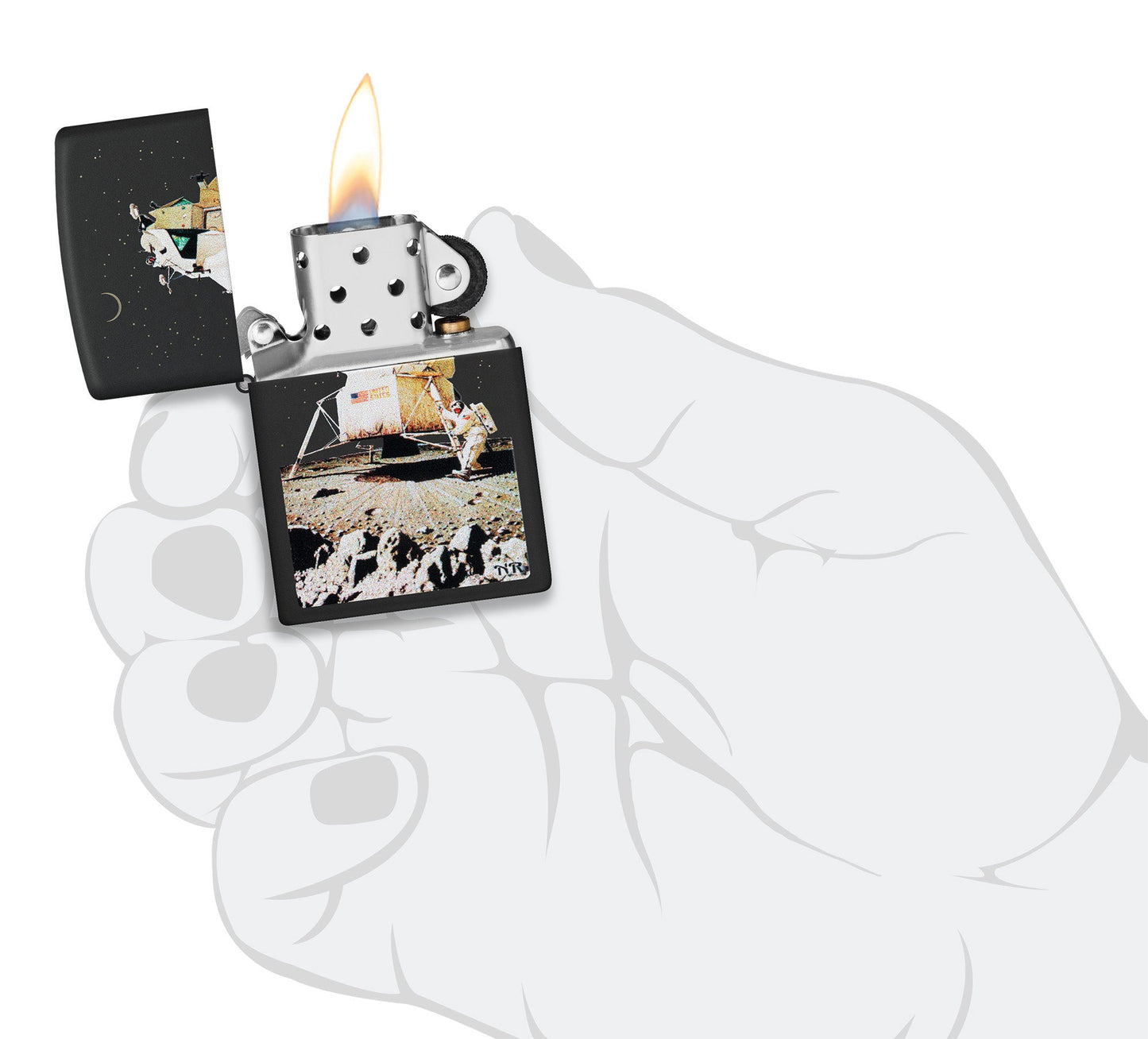 Zippo Norman Rockwell Man on the Moon Black Matte Windproof Lighter lit in hand.