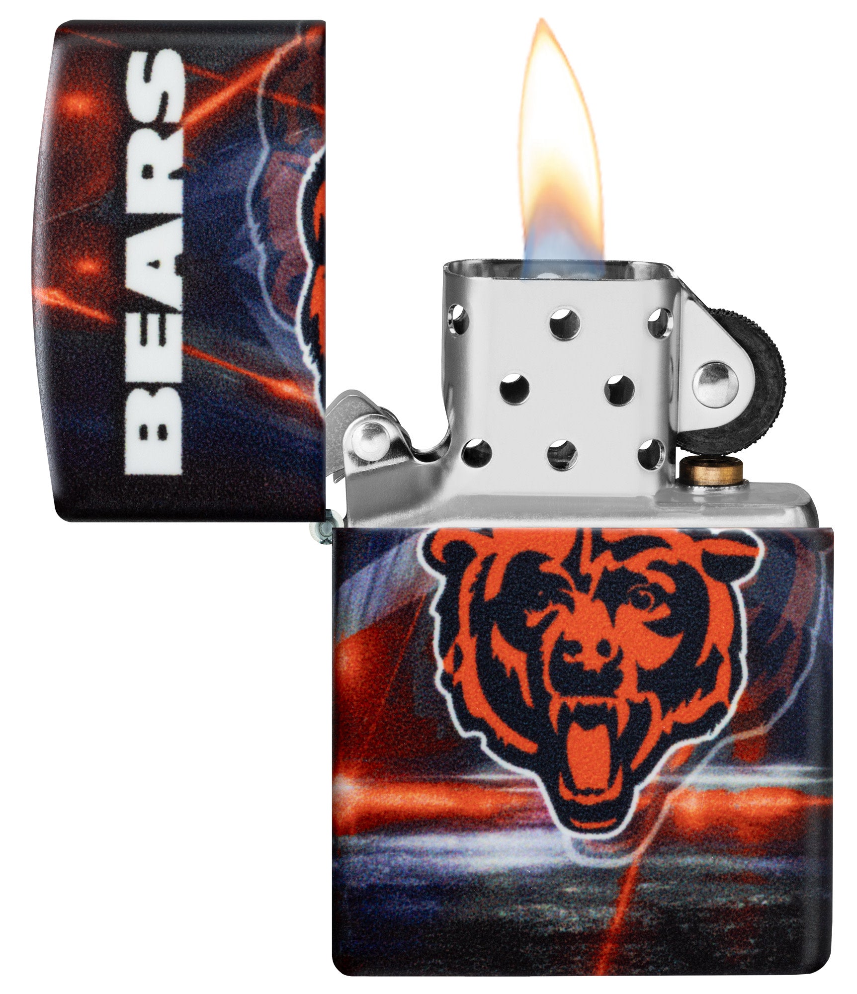 Zippo NFL Chicago Bears 540 Matte Windproof Lighter with its lid open and lit.