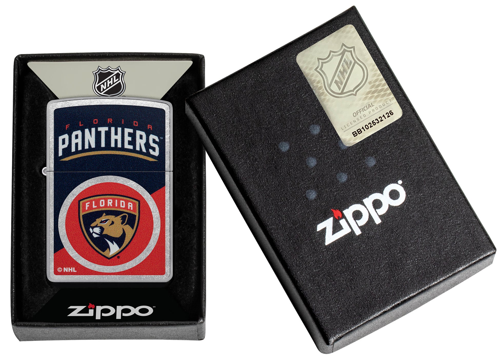 Zippo NHL® Florida Panthers® 2024 Street Chrome™ Windproof Lighter in its packaging.