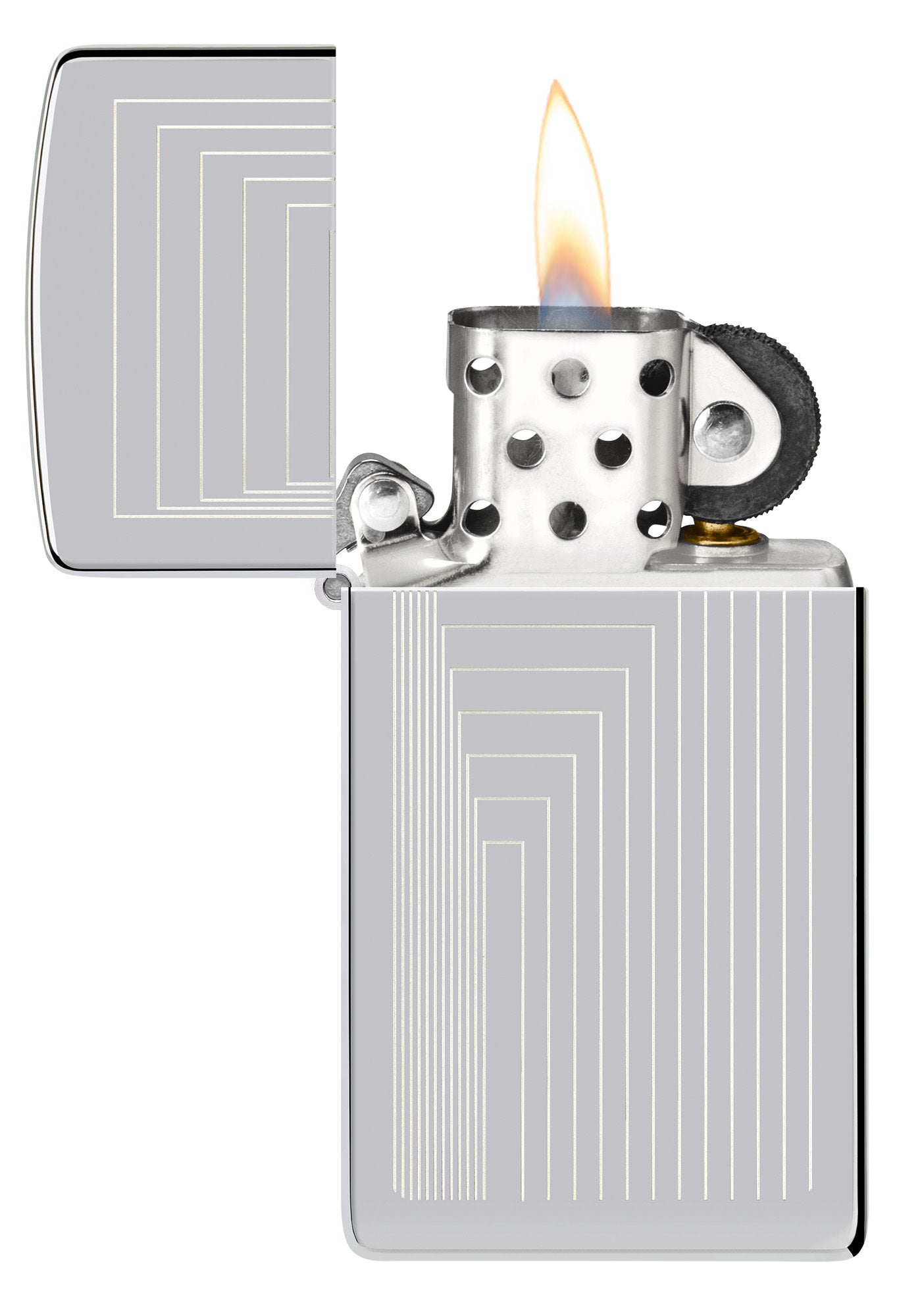 Zippo Slim® Laser Pattern Design High Polish Chrome Windproof Lighter with its lid open and lit.