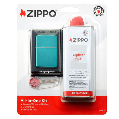 Zippo All-In-One Gift Set with Classic Candy Teal Windproof Lighter in its packaging

