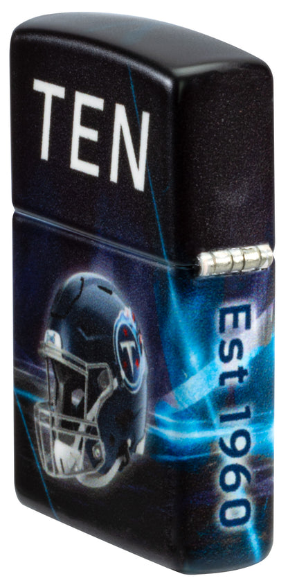 Angled shot of Zippo NFL Tennessee Titans 540 Matte Windproof Lighter showing the back and hinge sides of the lighter.