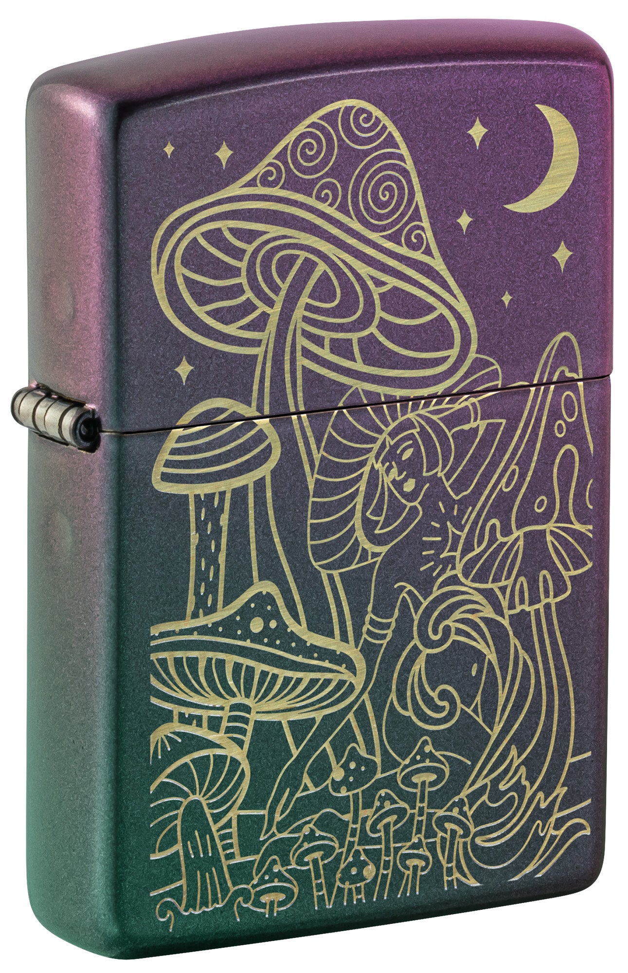 Front shot of Zippo Laser Mushrooms Design Iridescent Windproof Lighter standing at a 3/4 angle.