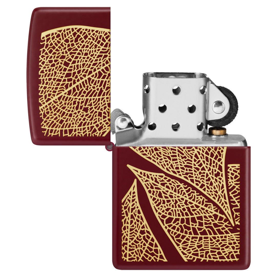 Zippo Fall Leaves SMS Merlot Windproof Pocket Lighter open and unlit.