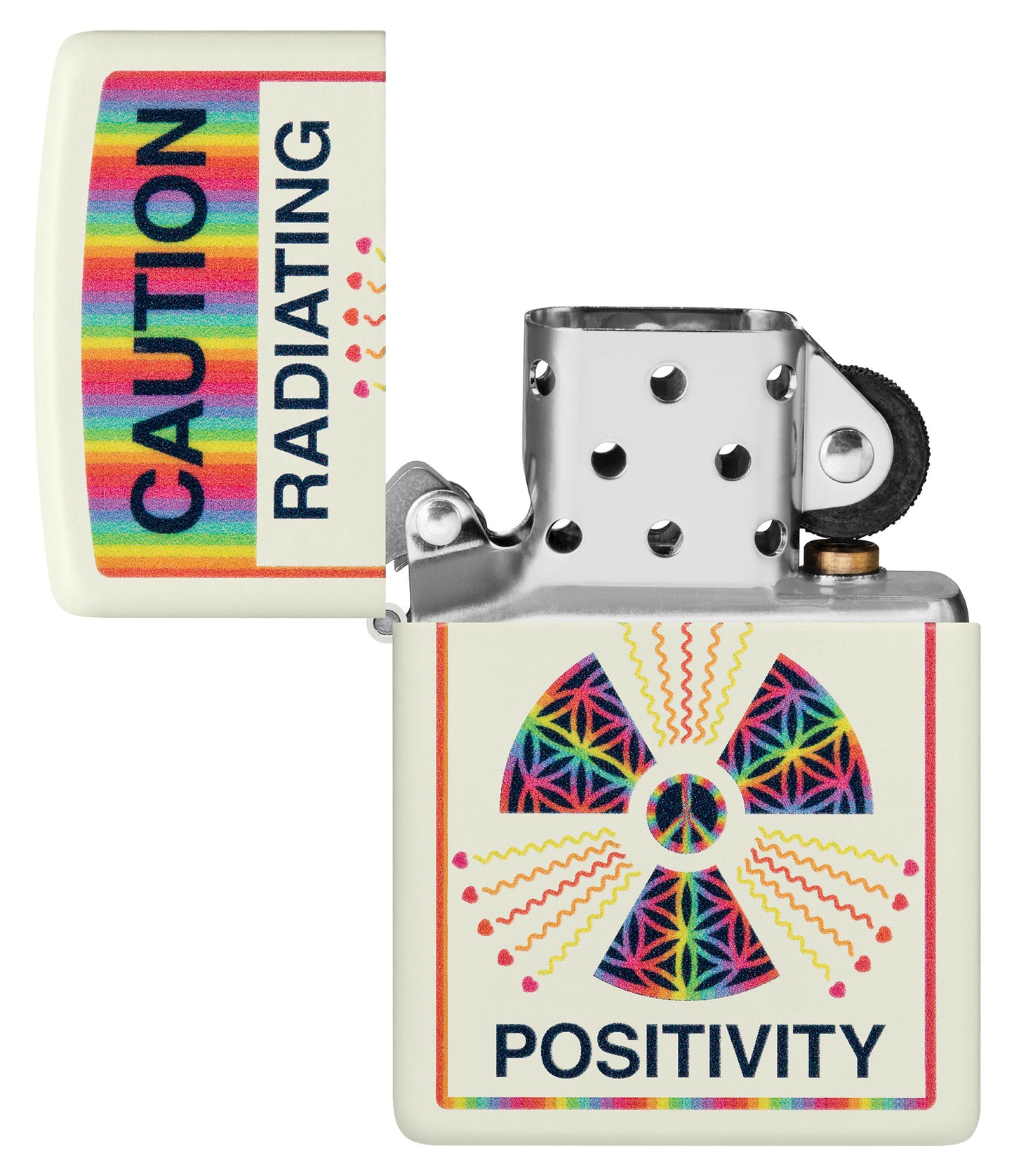 Zippo Glowing Positivity Design Glow in the Dark Windproof Lighter with its lid open and unlit.