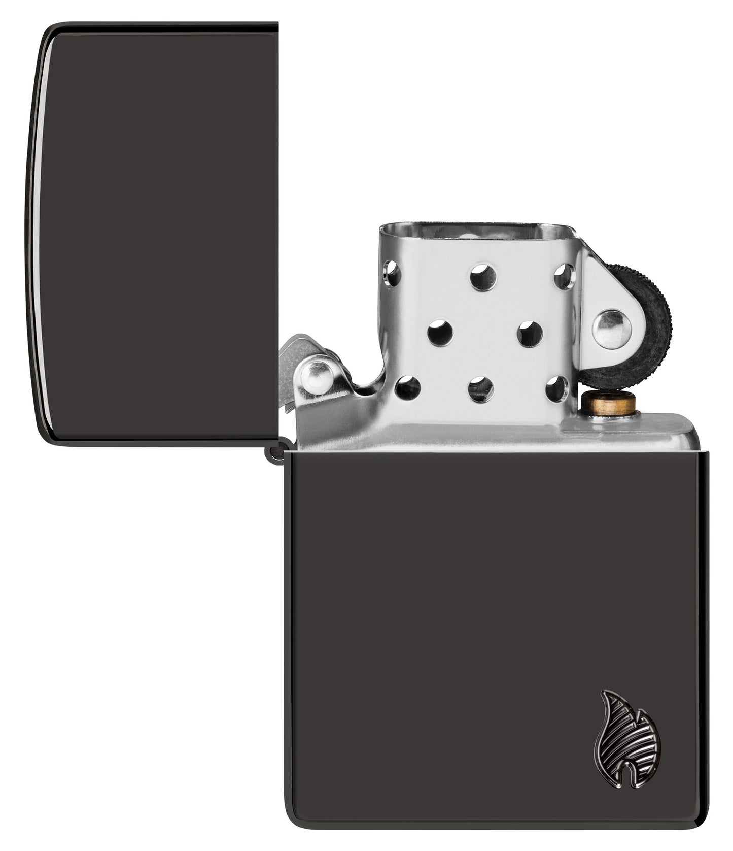 Zippo Armor® Series Flame High Polish Black Windproof Lighter with its lid open and unlit.