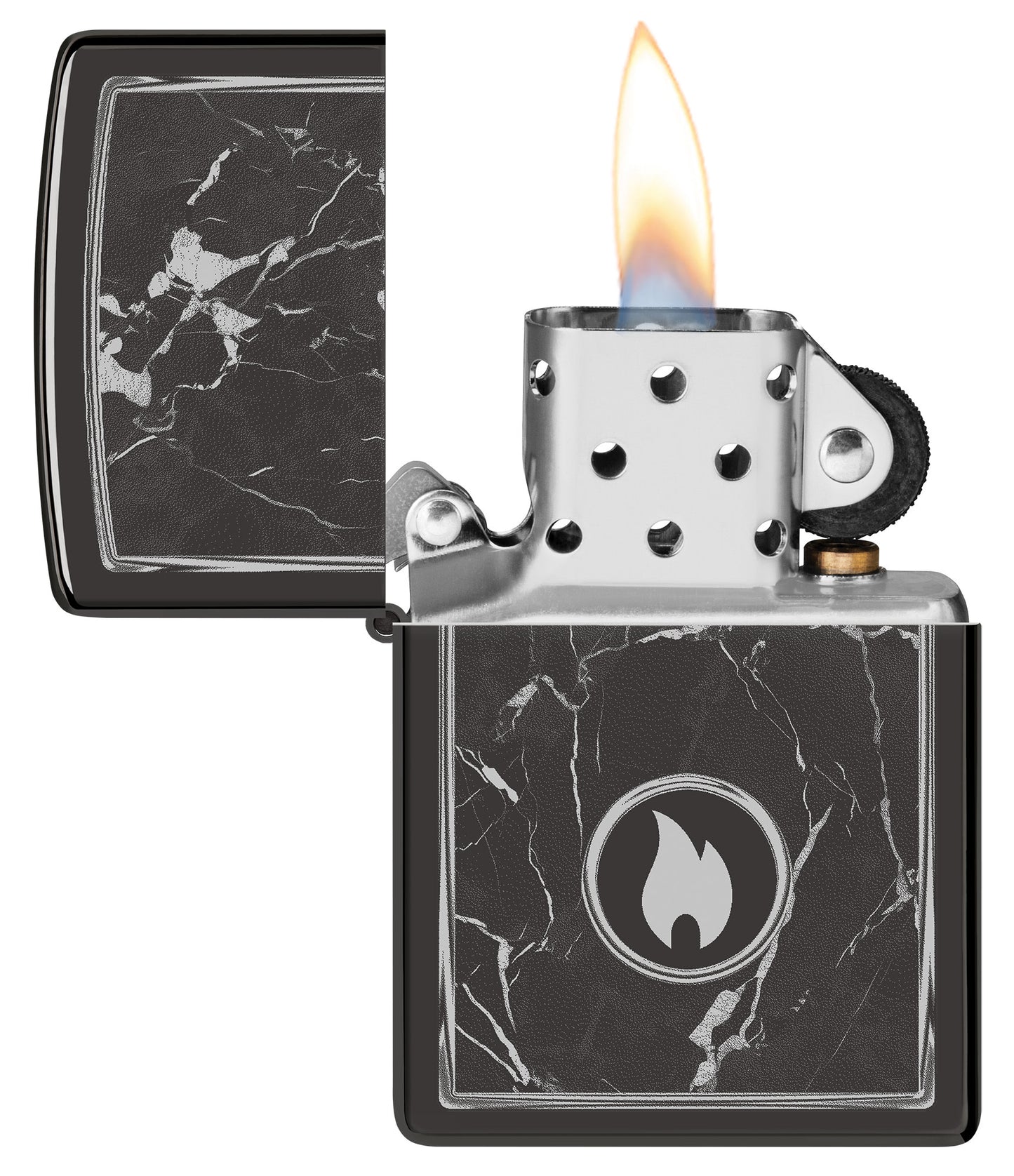 Zippo Marble Flame Design High Polish Black Windproof Lighter with its lid open and lit.