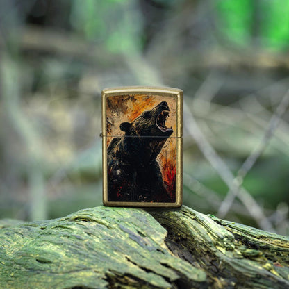 Lifestyle image of Zippo Grizzly Roar Design Street Brass Windproof Lighter standing on an old log with blurred branches in the background.