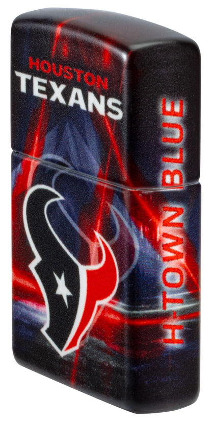 Angled shot of Zippo NFL Houston Texans 540 Matte Windproof Lighter showing the front and right sides of the lighter.