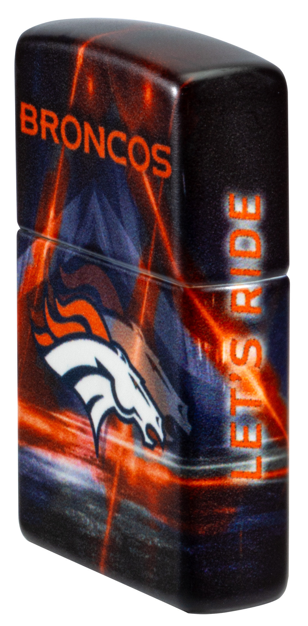 Angled shot of Zippo NFL Denver Broncos 540 Matte Windproof Lighter showing the front and right sides of the lighter.