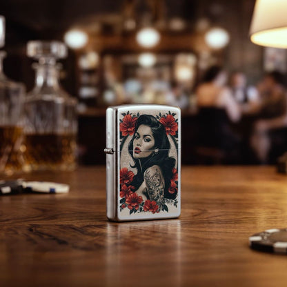 Lifestyle image of Zippo Pinup Tattoo Design Satin Chrome Windproof Lighter standing on a wooden table showing the front and hinge side of the lighter with an out of focus bar/restaurant as the background. 

