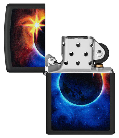 Zippo Eclipse Design Black Matte Windproof Lighter with its lid open and unlit.