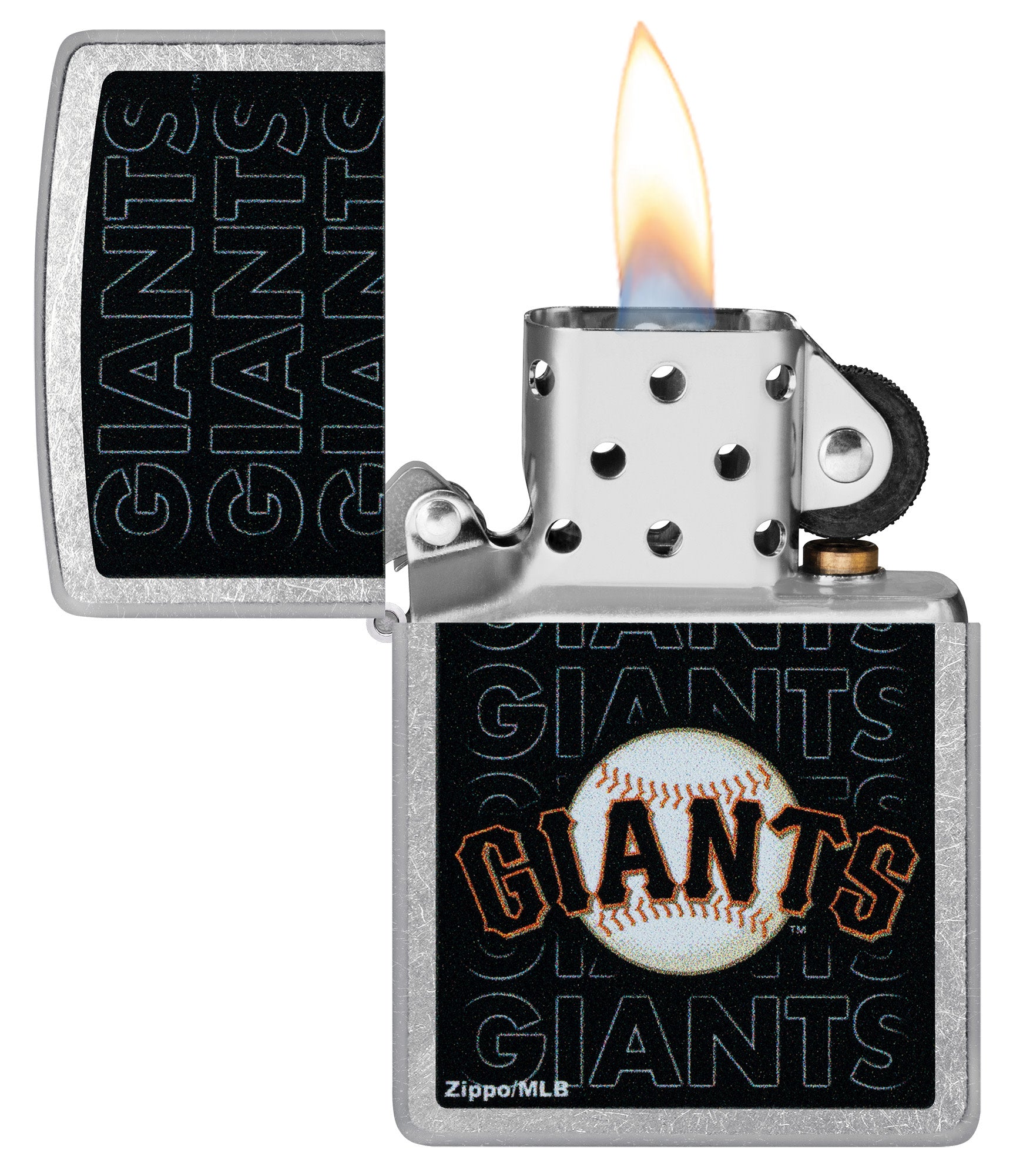 Zippo MLB® San Francisco Giants Street Chrome Windproof Lighter with its lid open and lit.