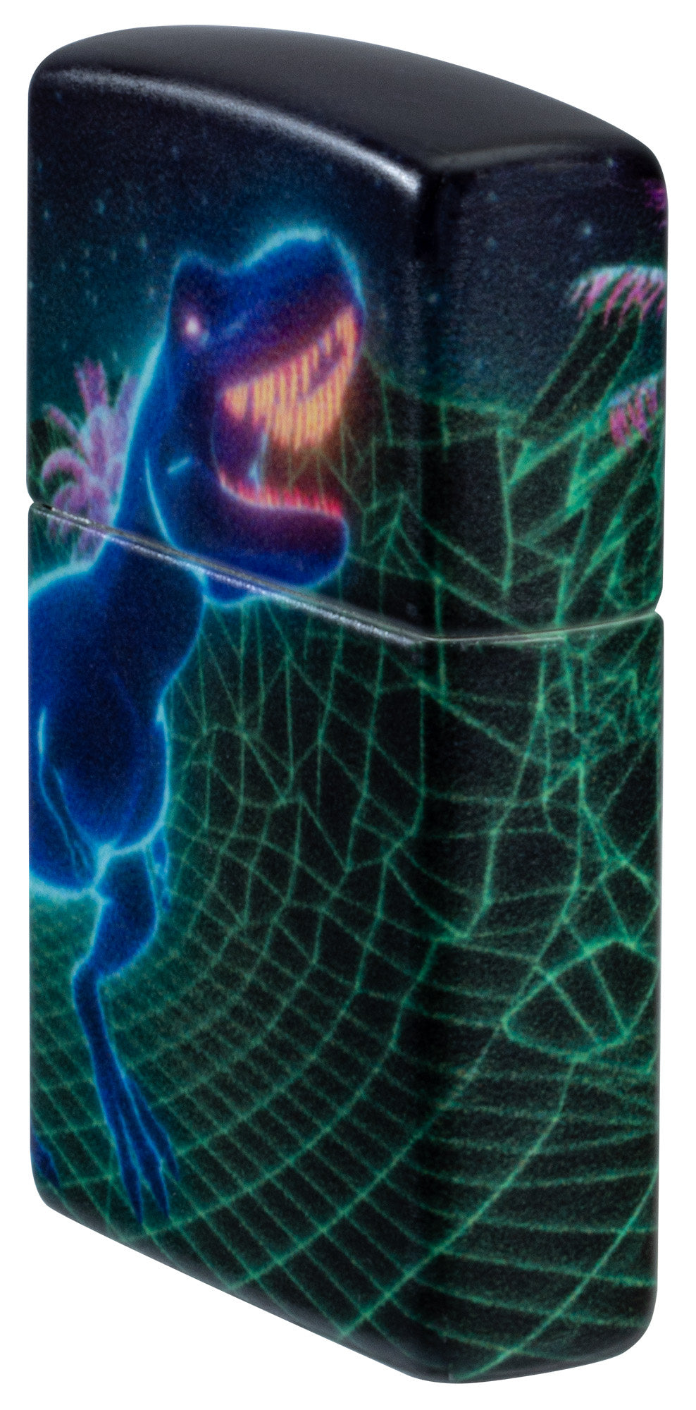 Angled shot of Zippo Cyber Dino Design Glow in the Dark Windproof Lighter showing the front and right sides of the lighter.