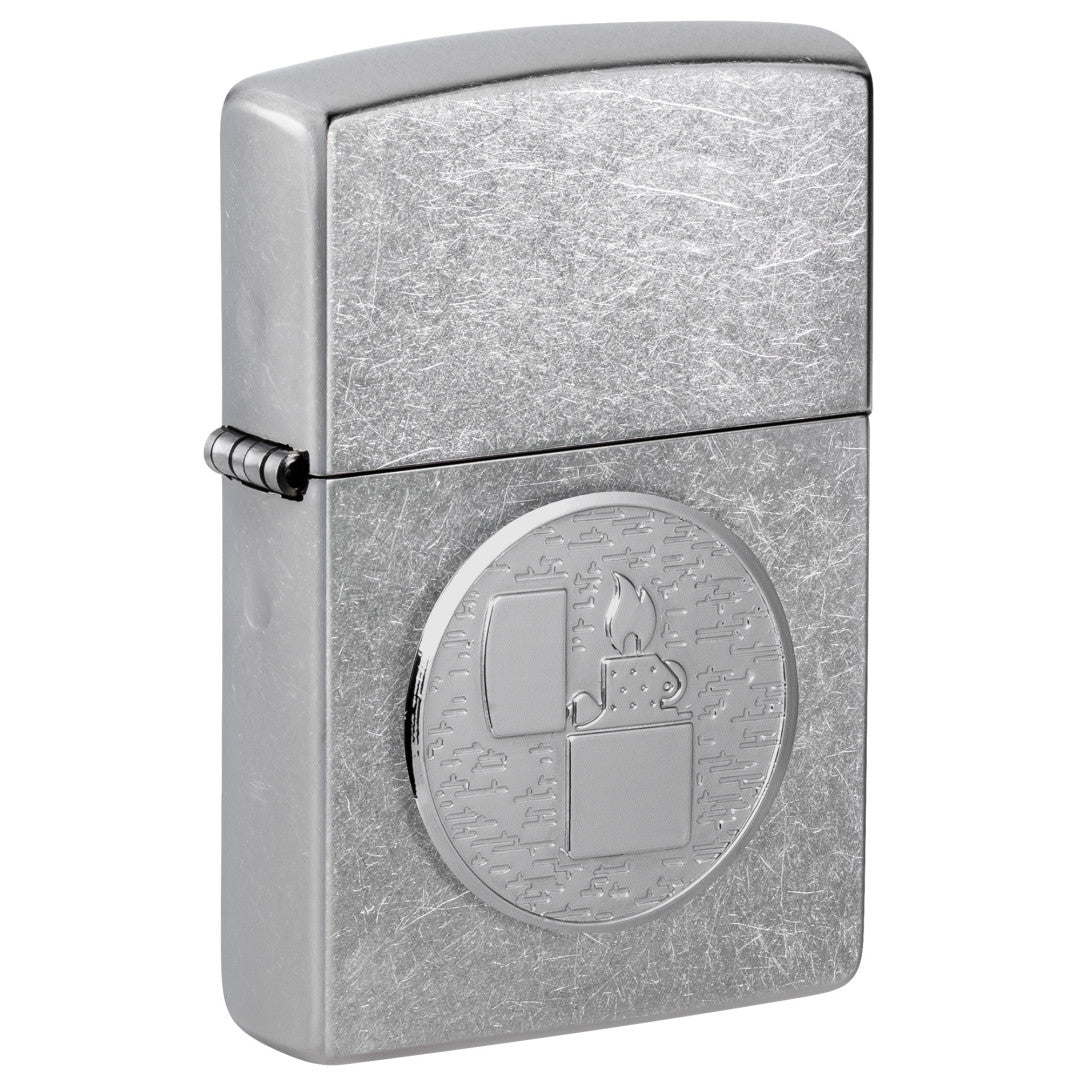 Front shot of Zippo Golf Ball Marker Emblem – Lighter Design Street Chrome Windproof Lighter standing at a 3/4 angle.