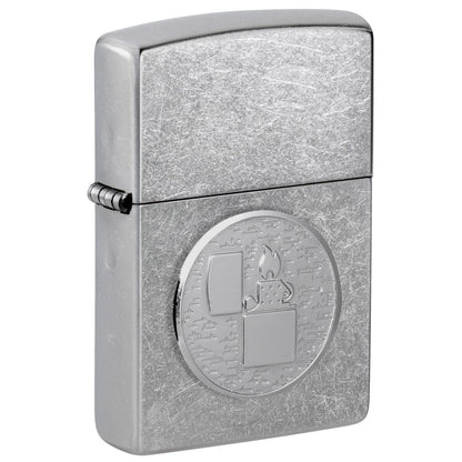 Front shot of Zippo Golf Ball Marker Emblem – Lighter Design Street Chrome Windproof Lighter standing at a 3/4 angle.