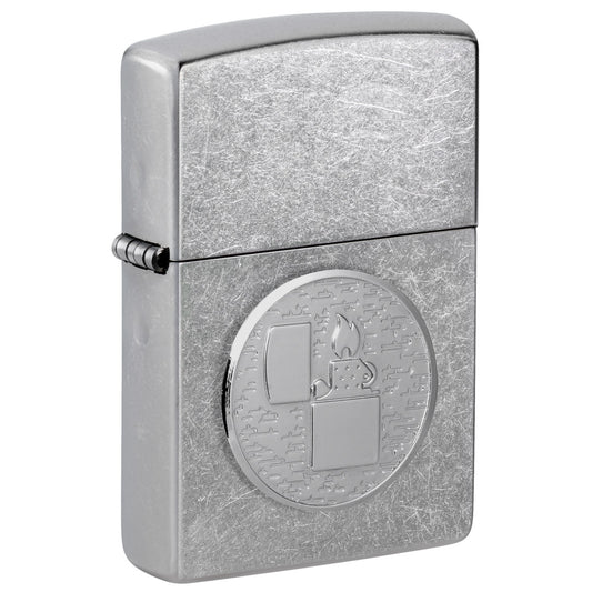 Front shot of Zippo Golf Ball Marker Emblem – Lighter Design Street Chrome Windproof Lighter standing at a 3/4 angle.