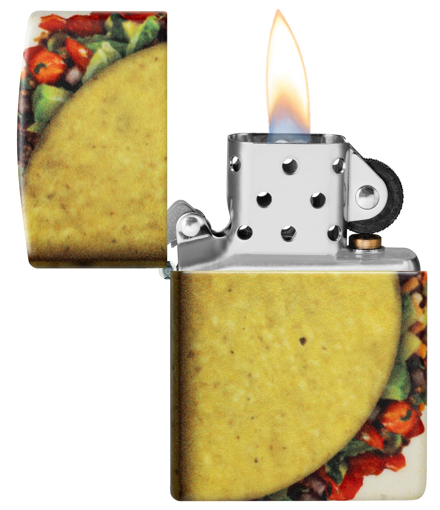 Zippo Loaded Taco Design 540 Matte Windproof Lighter with its lid open and lit.